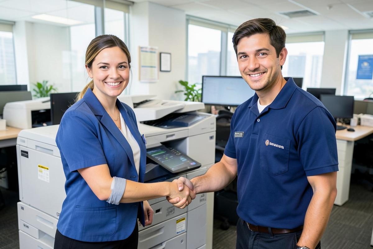 Copier technician meeting an office manager beside a serviced multifunction copier
